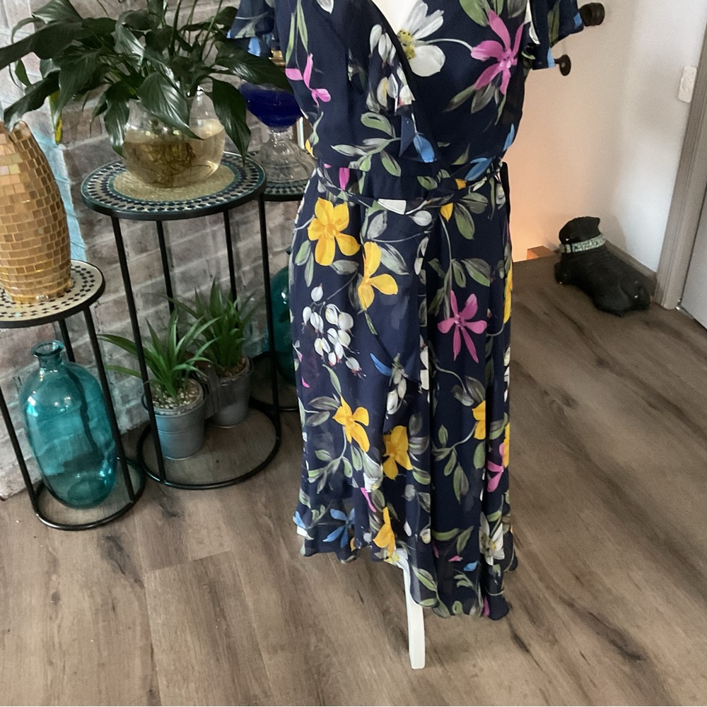 Adrianna Papell Blue and Yellow Asymmetrical Wrap Midi Dress - Picture 3 of 5